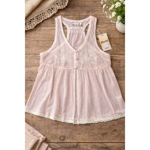 NWT Mudd Womens XL Boho Sheer Cotton Lace Embroidered Tank Top Boho Babydoll